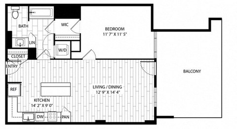 Floor plan for 1 bed, 1 bath, 899 sqft